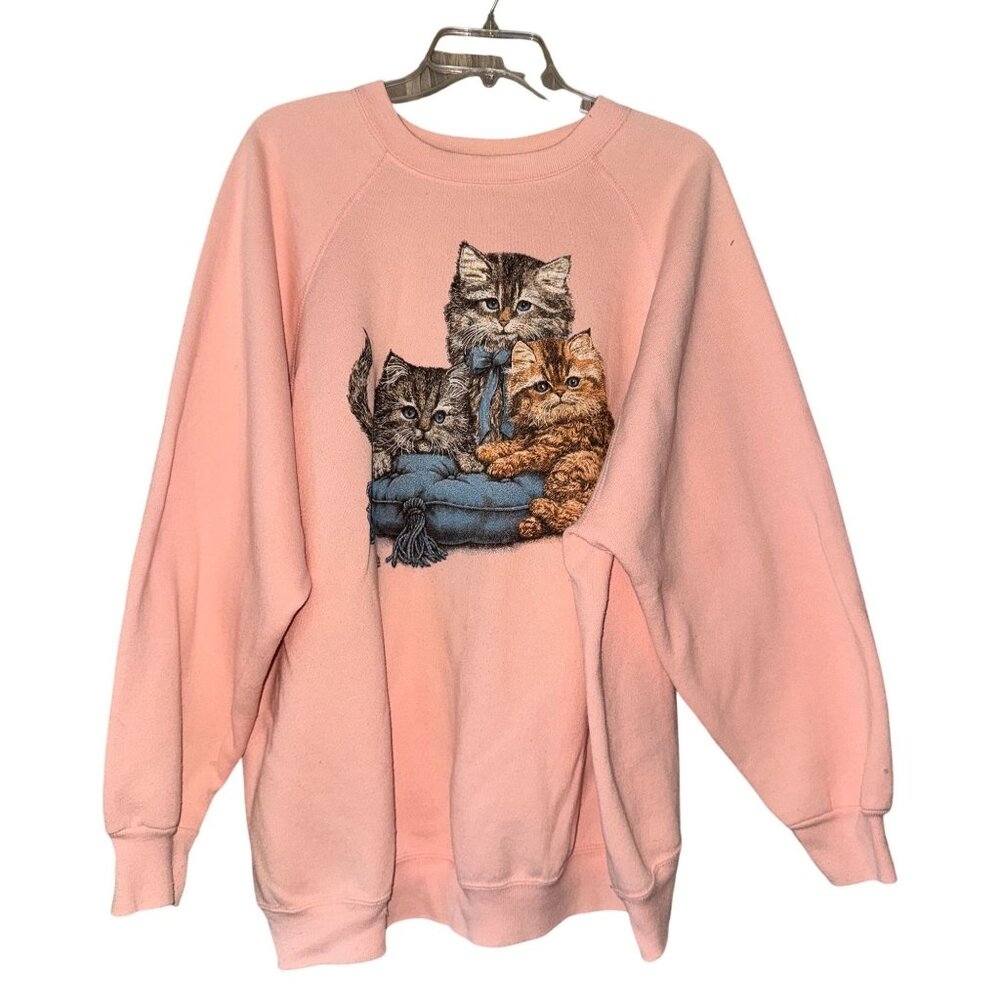XXL Vintage Tultex Kitten Print Pink Sweatshirt - Picture 2 of 7